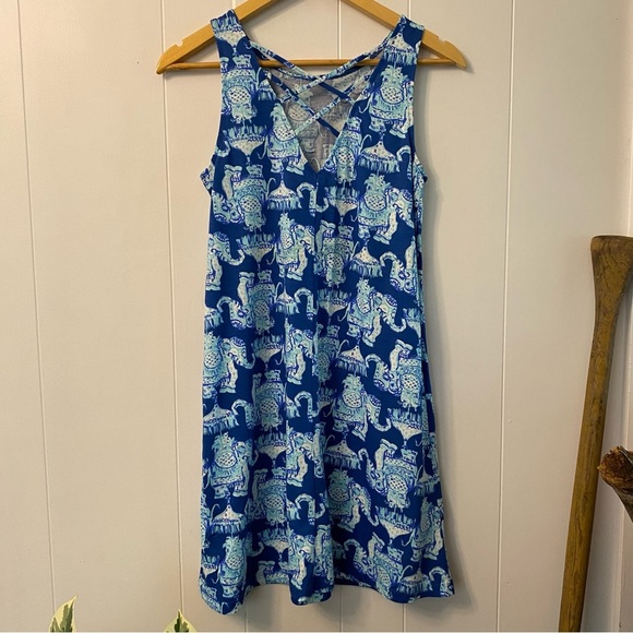Lilly Pulitzer Kristen Elephant Deep Indigo Joy Ride Trapeze Dress Lattice Blue - Picture 7 of 12